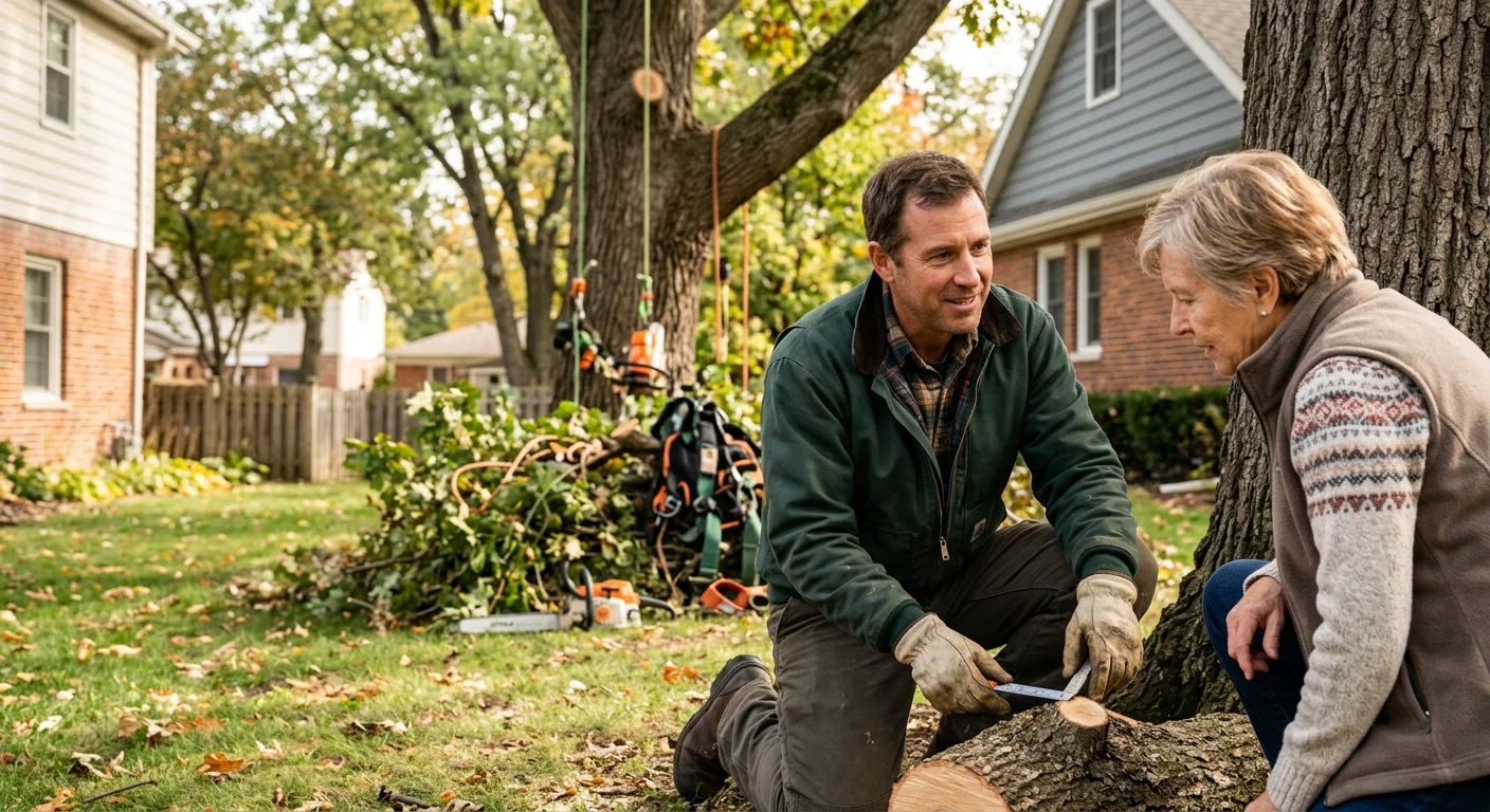 Arborist rigging a tree section for a crane-assisted removal on a Skokie property