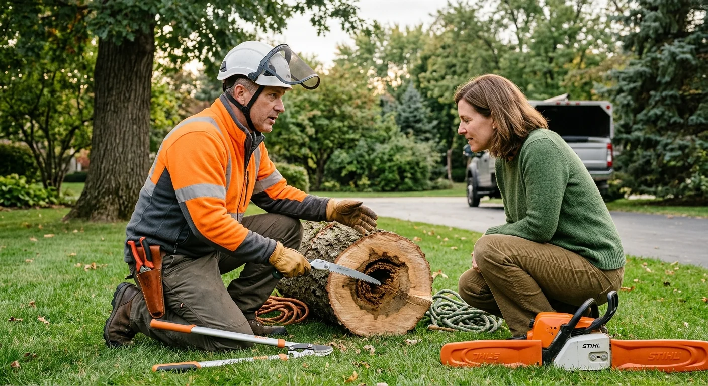 Arborist rigging a storm-damaged limb away from a Skokie home roofline