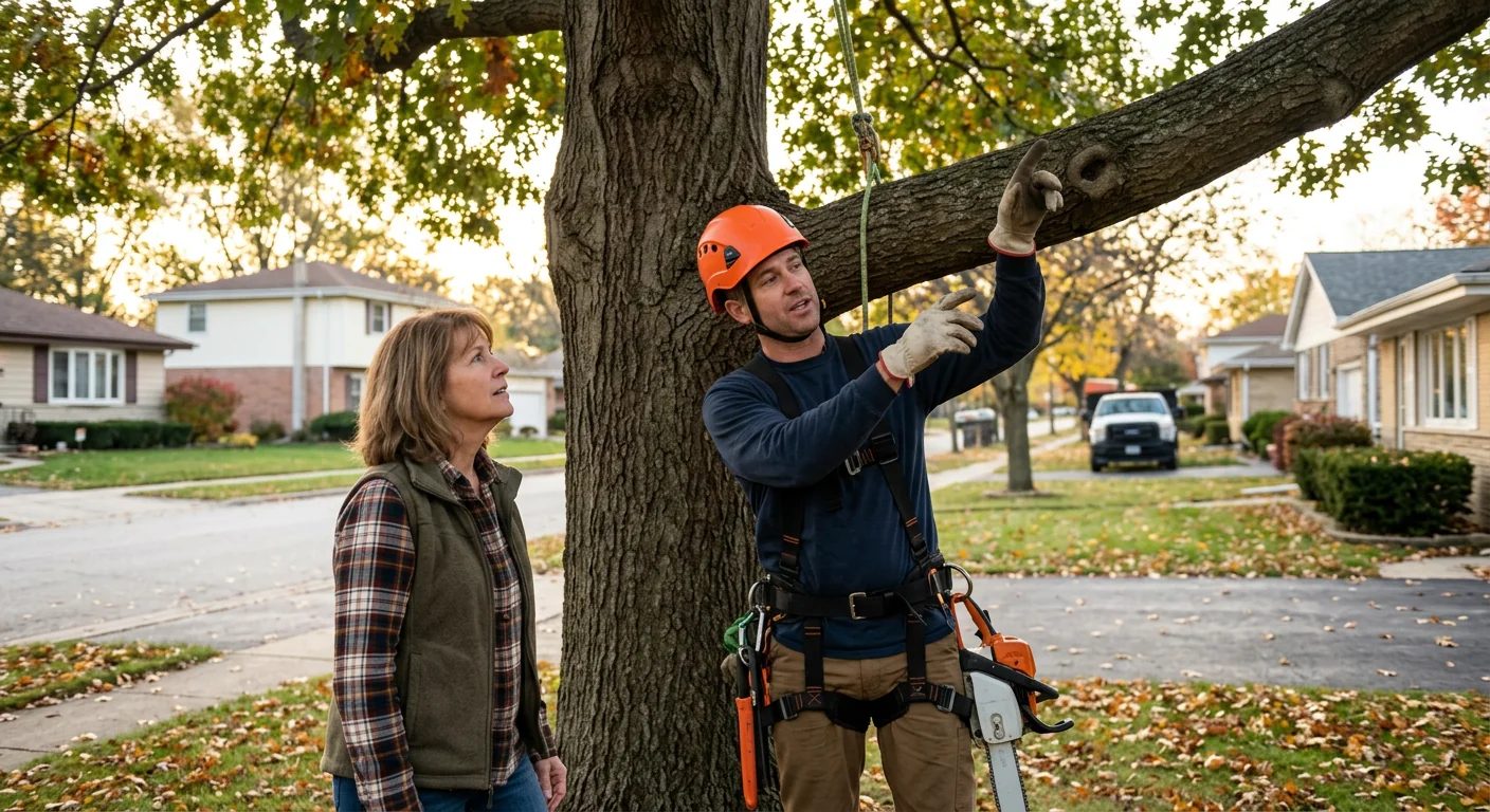 Storm-damaged tree with split trunk leaning over a Skokie home after high winds