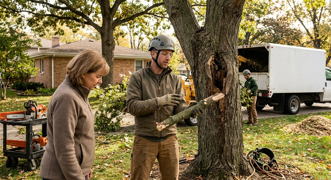 Arborist assessing a fallen storm-damaged tree before controlled rigging in a Skokie yard