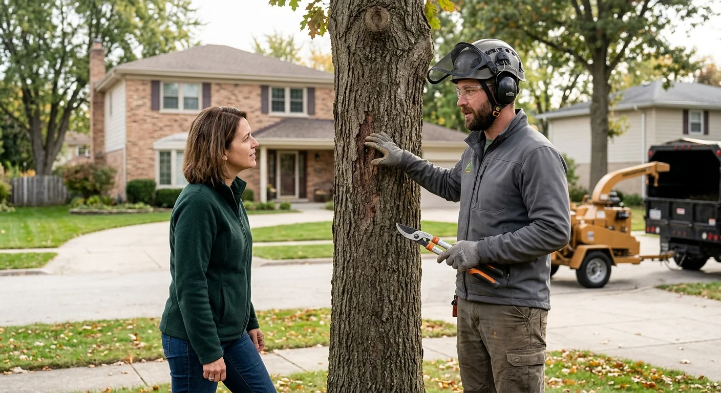 Arborist performing controlled hazardous tree removal near a Skokie home
