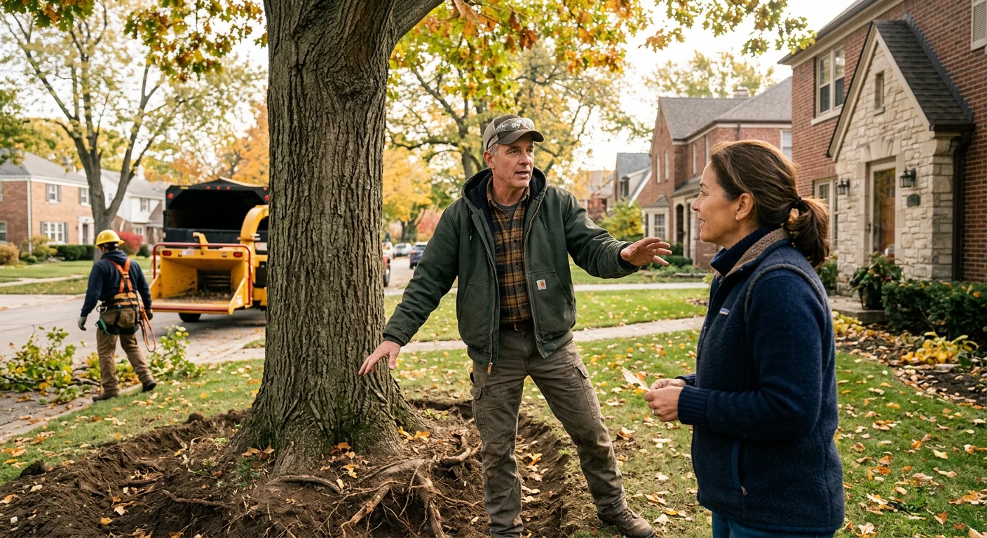 Arborist inspecting a leaning storm-damaged tree near a Skokie home before removal
