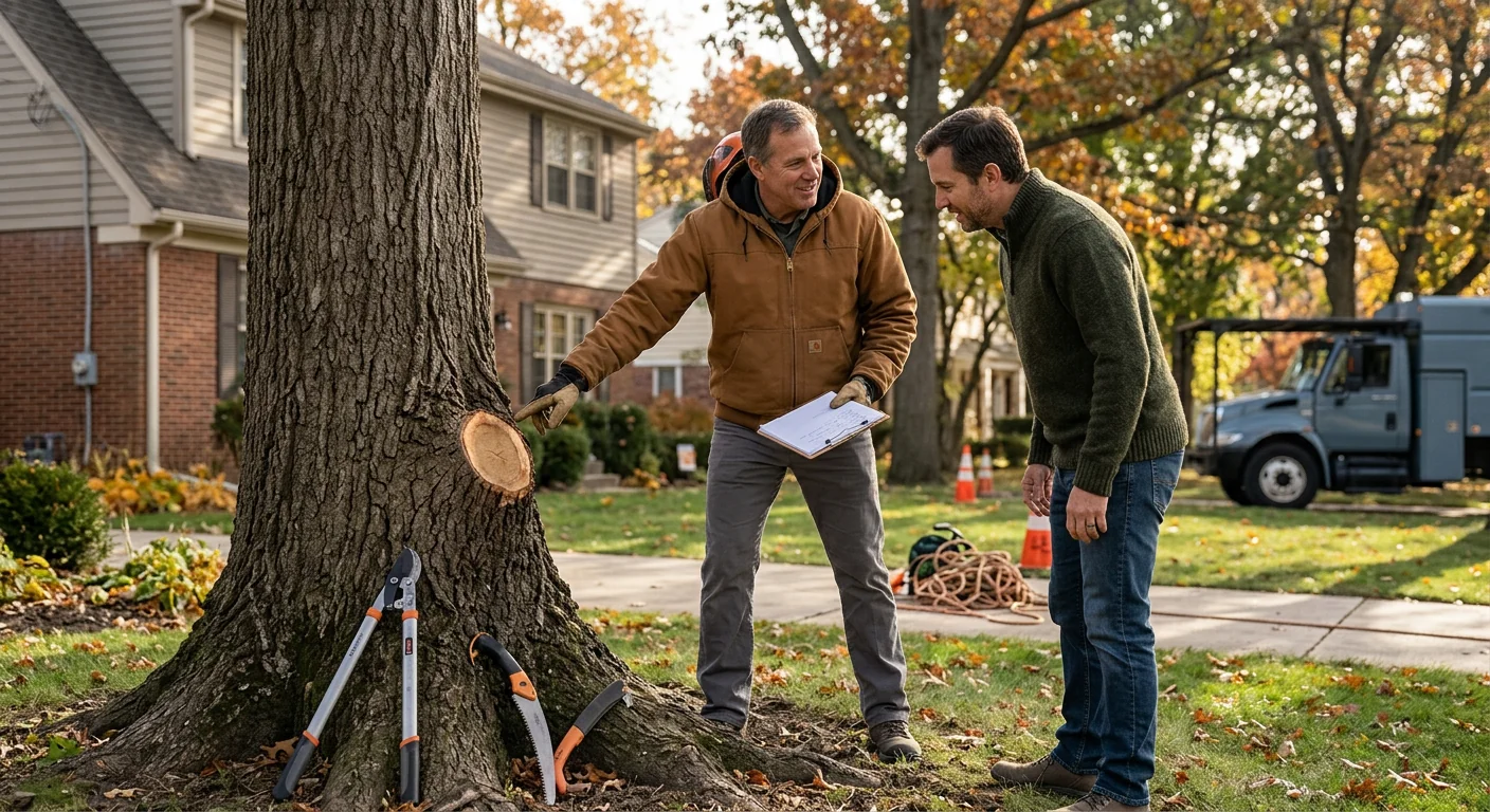 Tree crew rigging and lowering a hazardous limb with ropes in a Skokie yard