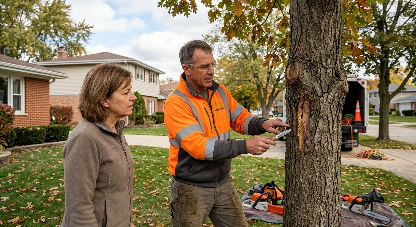 Crew assessing storm damaged tree for cleanup cost estimate on a Skokie property