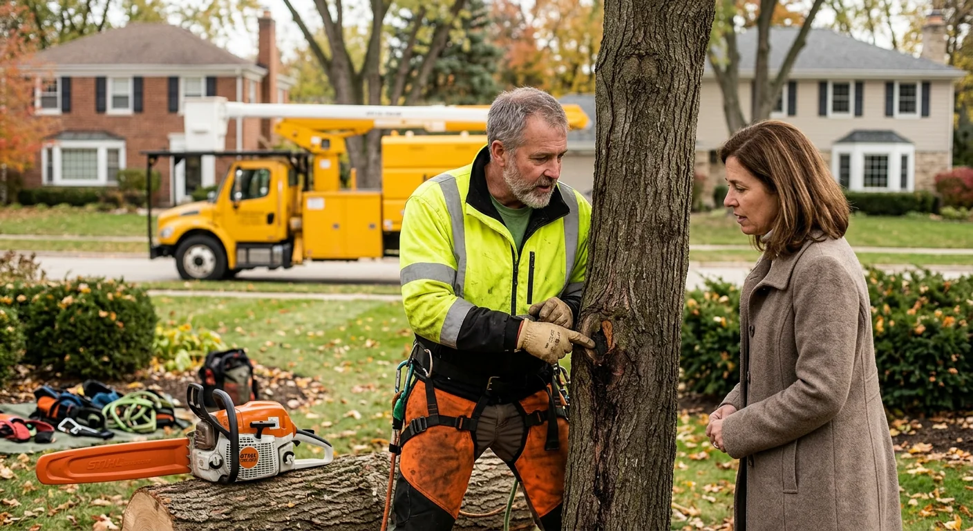 Arborist clearing storm damaged tree limbs from a residential yard in Skokie