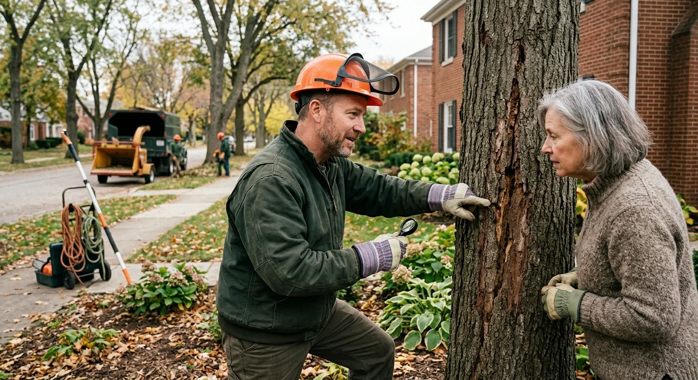 Storm-damaged tree with broken limbs leaning over a Skokie residential yard after high winds