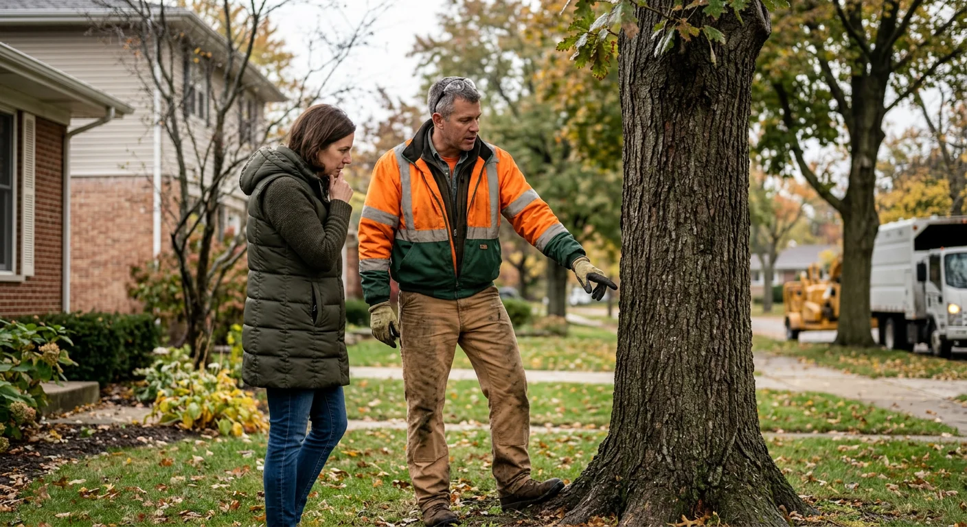 Arborist crew rigging and removing storm-damaged tree limbs from a Skokie property after severe weather