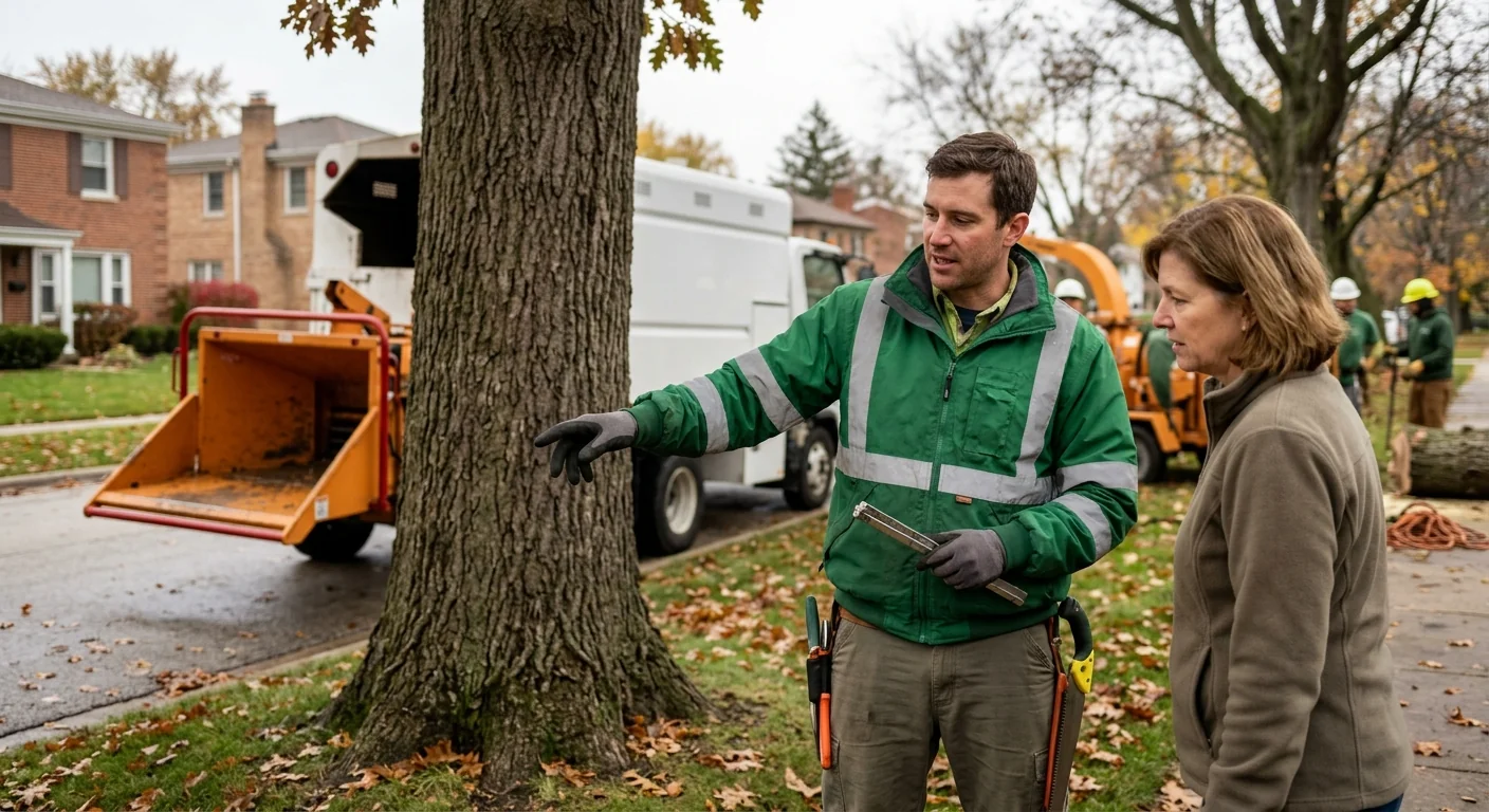 Technician measuring a stump diameter to prepare a written grinding estimate in Skokie