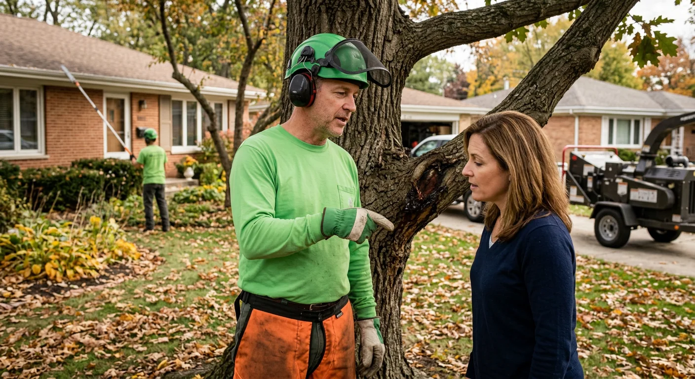 Stump grinder reducing a mature tree stump below grade in a Skokie backyard