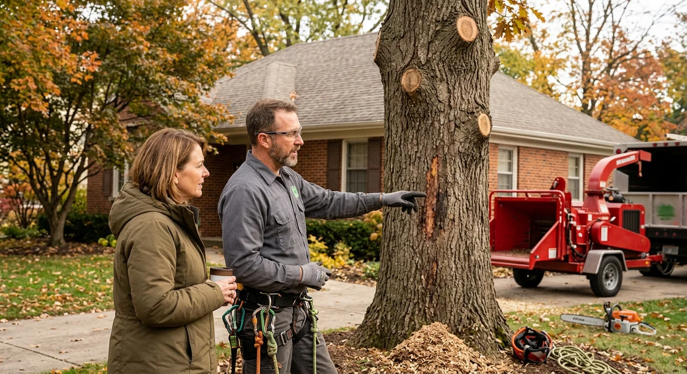 Stump grinder cutting a hardwood stump below grade with debris shield in a Skokie yard