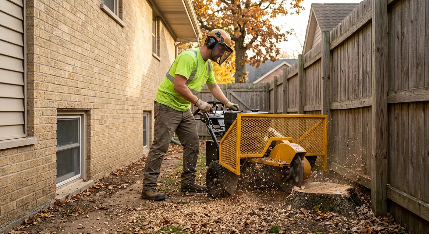 Oak Stump Grinding on a Tight Side-Yard Access