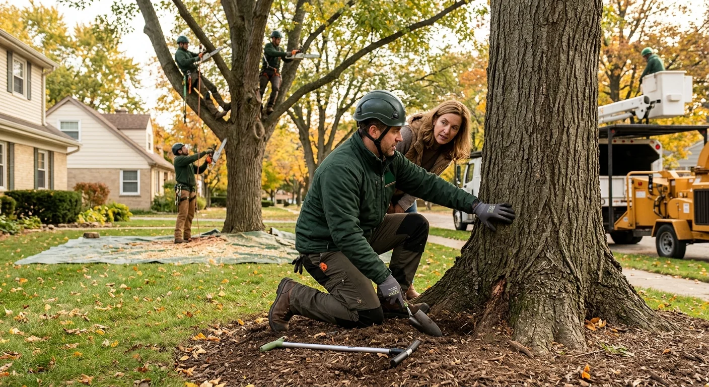 Support cable and bracing rod stabilizing a split branch union on a Skokie property tree