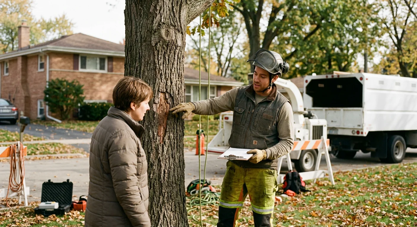Arborist installing steel support cable in a mature canopy tree in Skokie