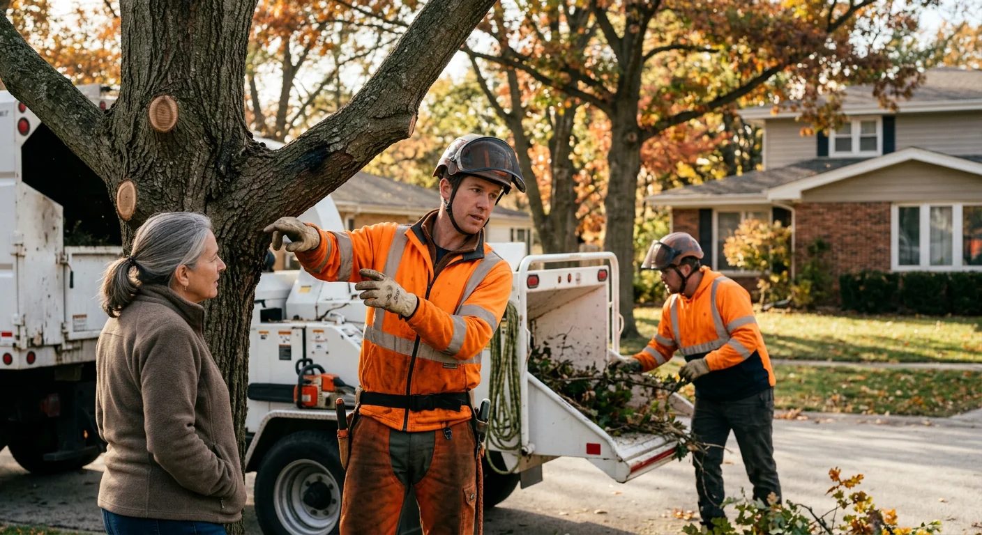 Arborist inspecting a split trunk union on a mature backyard tree in Skokie