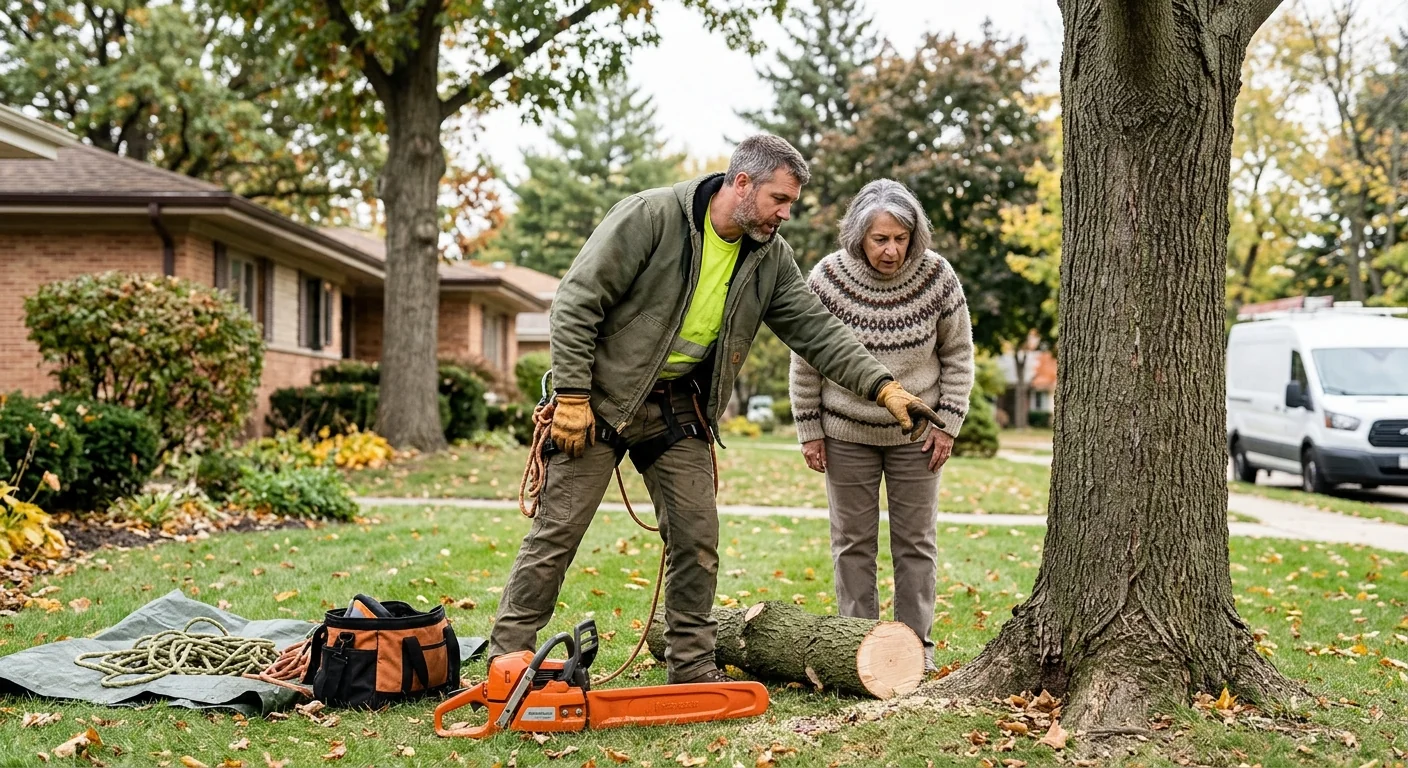 Certified arborist reviewing a written tree maintenance estimate with a Skokie homeowner outdoors