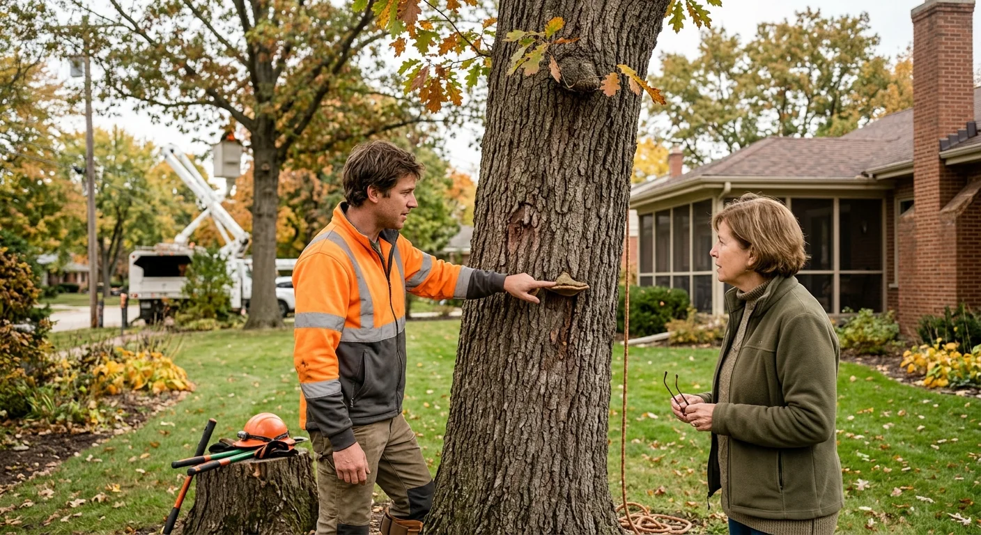 Arborist inspecting a mature backyard tree canopy during seasonal maintenance in Skokie