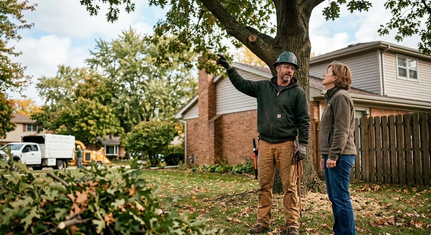 Arborist inspecting a mature tree canopy for signs of decline in Skokie