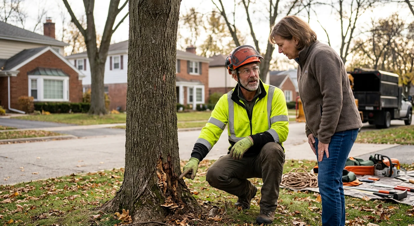 Certified tree care specialist performing crown thinning and soil evaluation on a residential Skokie property