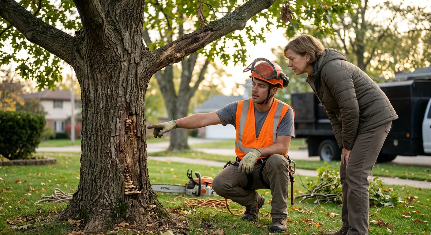 Arborist setting a young tree root ball into a prepared planting hole in a Skokie yard