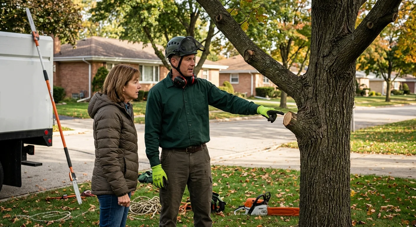 Newly planted young shade tree staked in a residential Skokie front yard