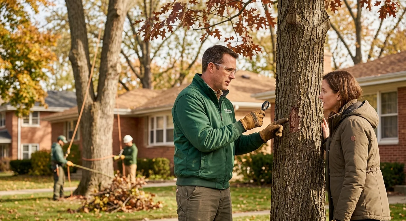 Arborist positioning root ball in a prepared planting hole on a Skokie property