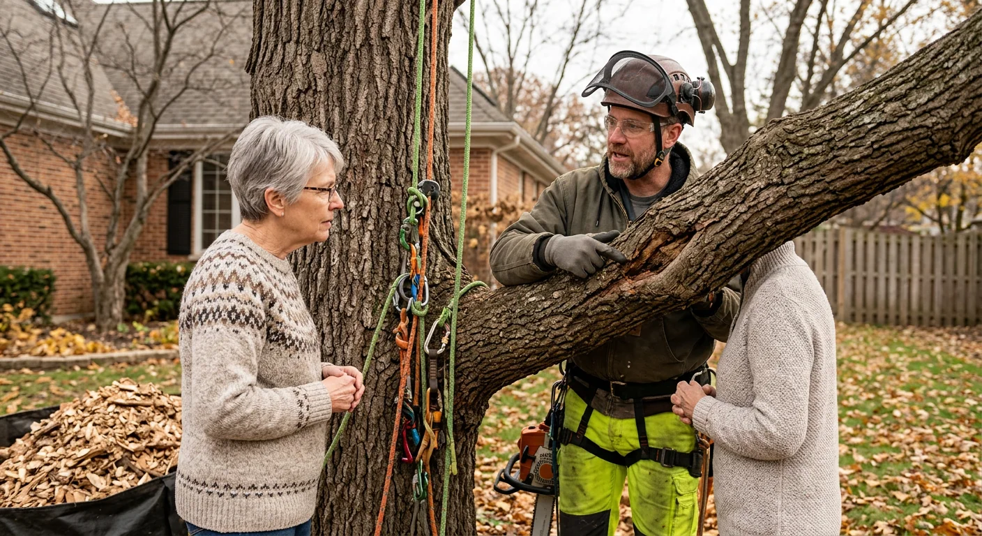 Climber pruning a large residential tree crown with rigging lines in Skokie