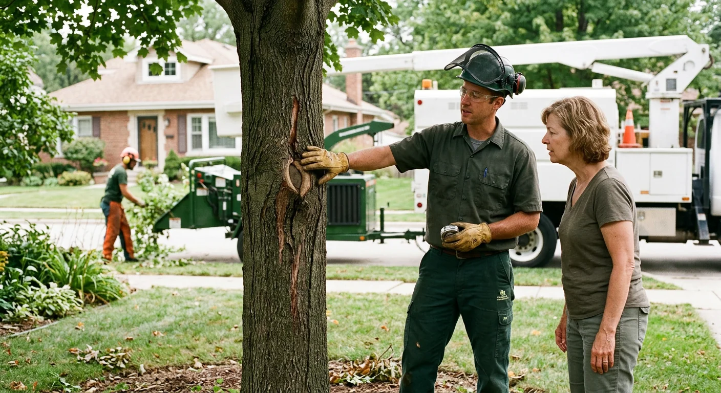 Arborist making precise pruning cuts on a mature backyard tree in Skokie