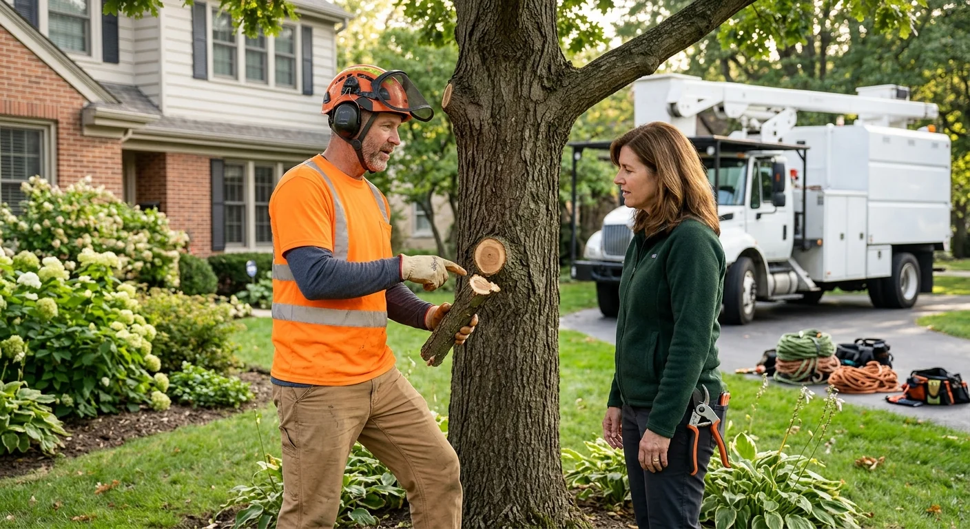 Arborist inspecting a crowded backyard maple canopy for deadwood in Skokie