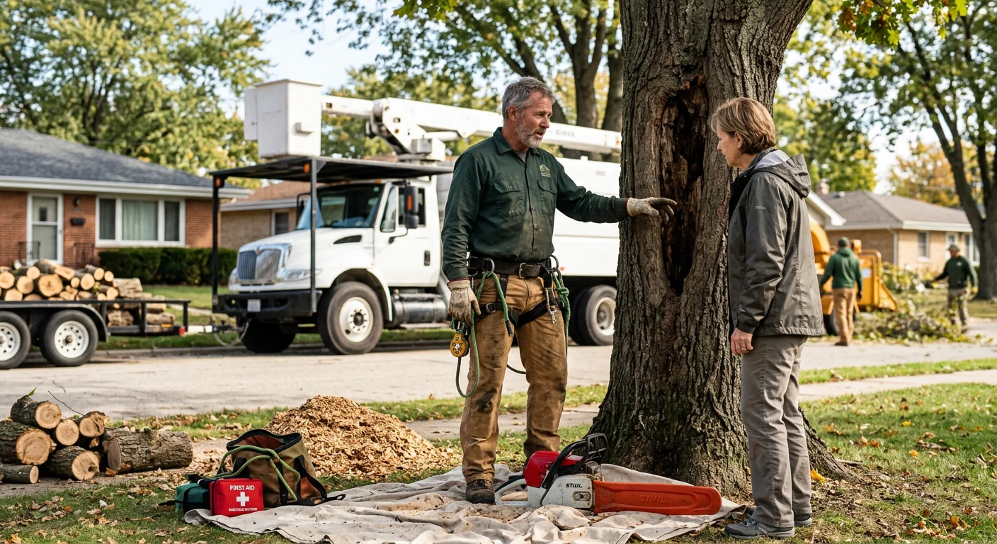 Certified climber making a precise reduction cut on an oak branch in a Skokie yard