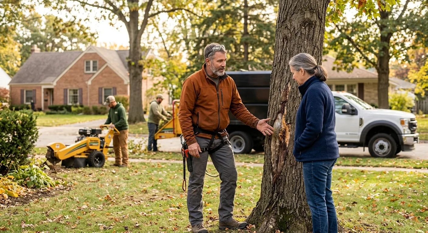 Crew reviewing a written tree removal estimate beside a mature tree on a Skokie property