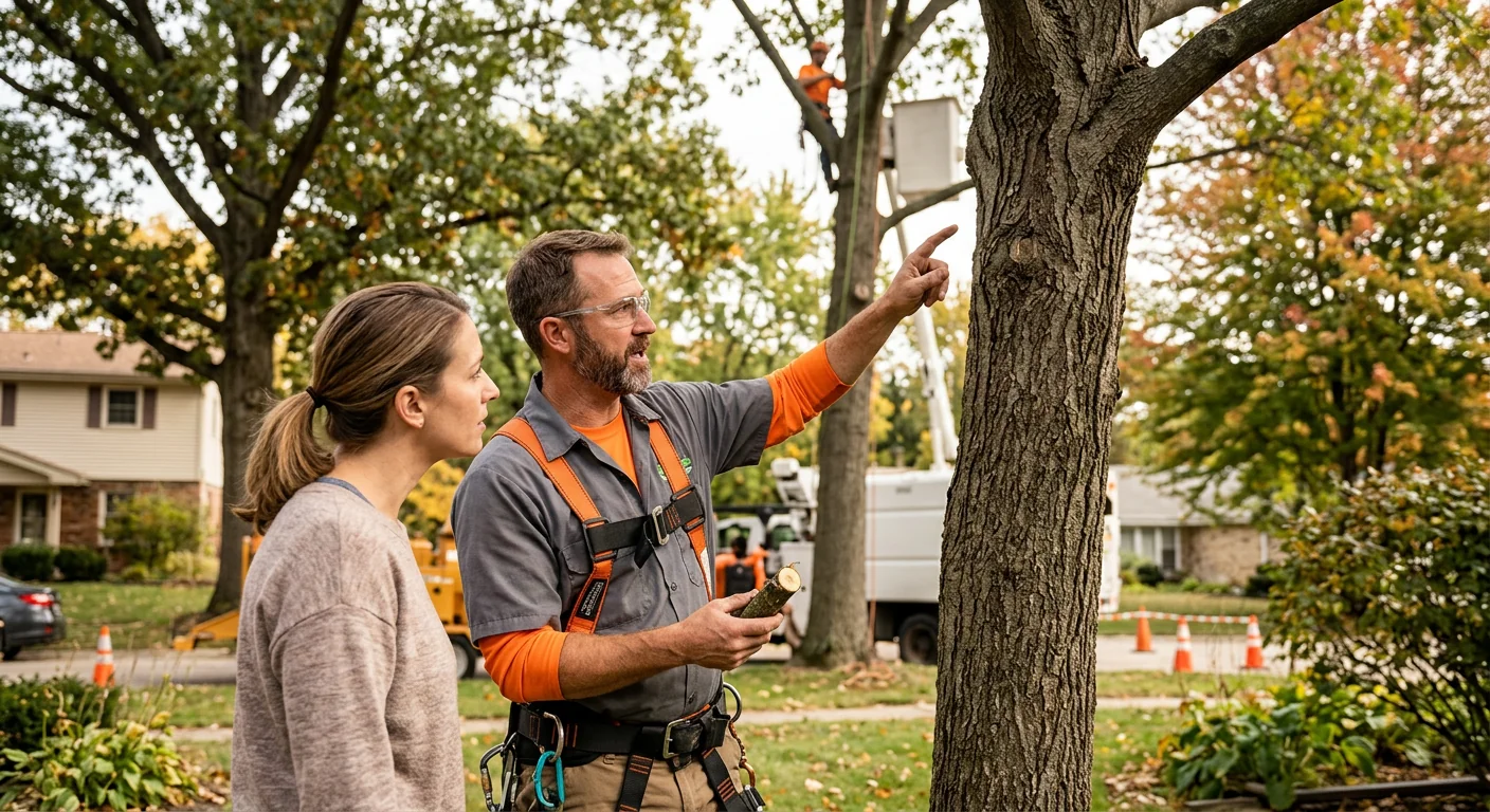 Arborist performing sectional tree removal with rigging lines in a Skokie backyard