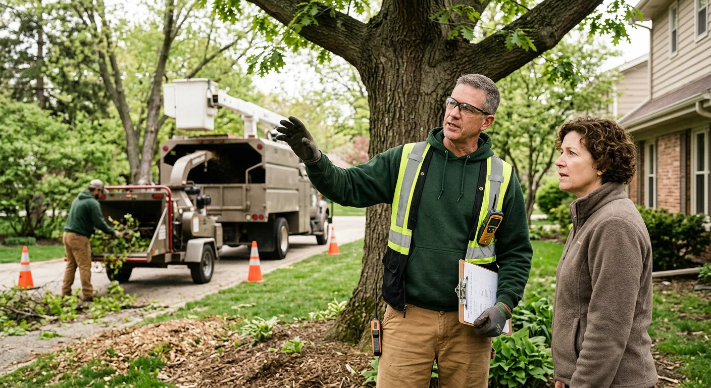 Arborist inspecting a leaning decayed tree beside a Skokie home before removal