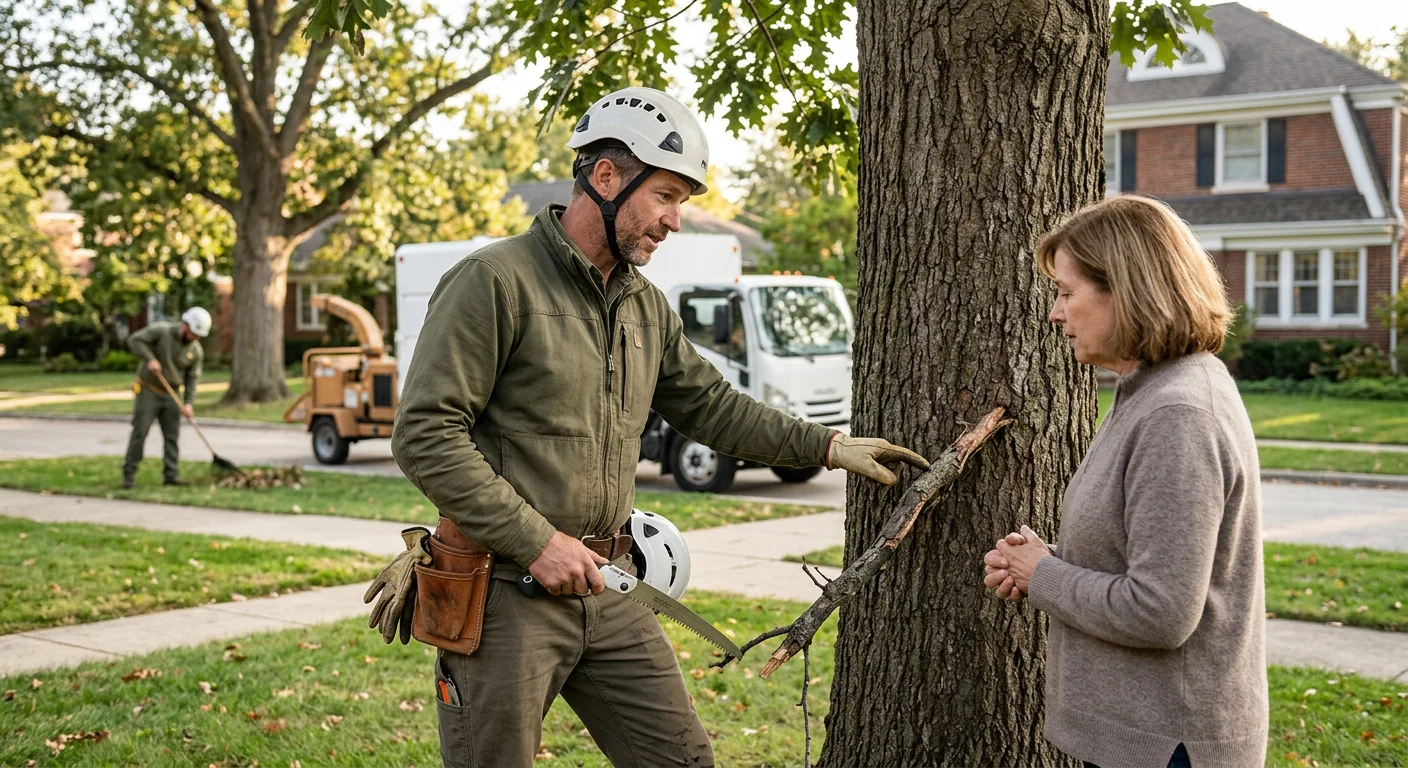 Certified crew performing a sectional tree takedown with rigging lines in a Skokie backyard