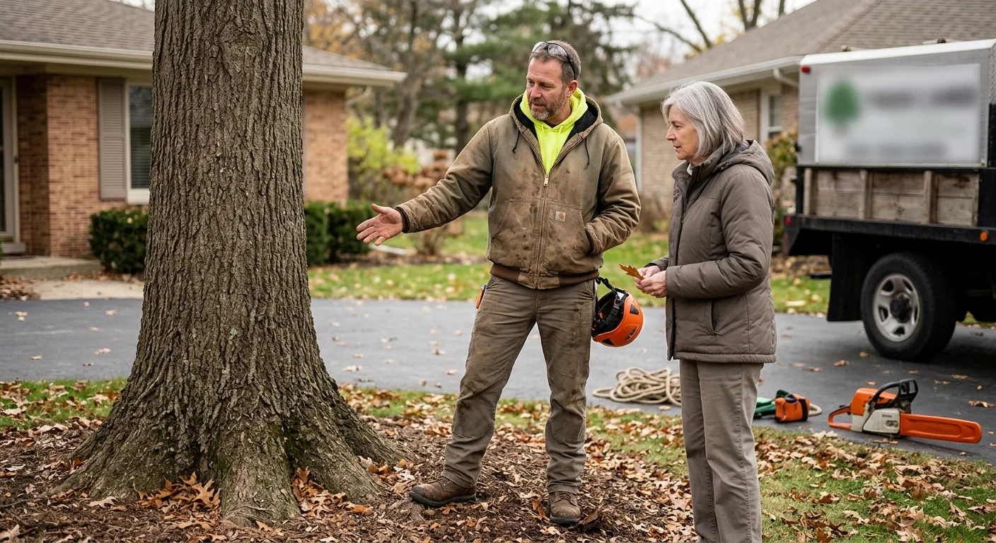 Certified arborist reviewing tree risk assessment findings on a clipboard at a Skokie property