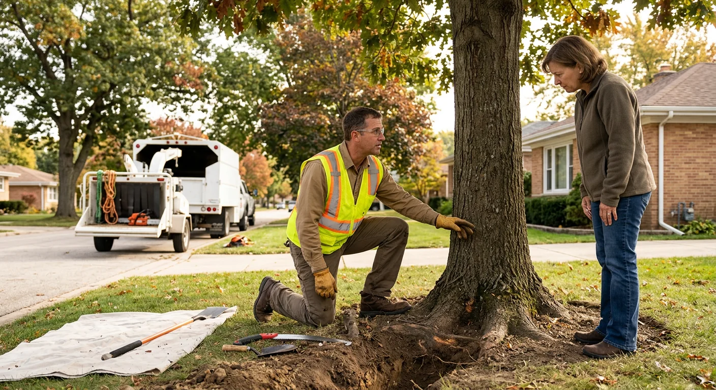 Arborist inspecting a mature tree trunk for decay on a Skokie residential property