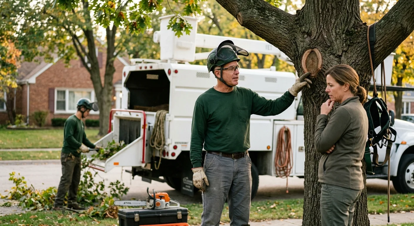 Certified arborist inspecting a leaning mature tree for structural defects in Skokie