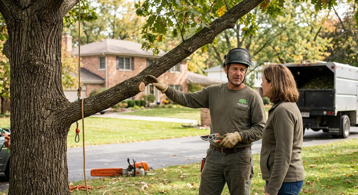 Arborist documenting canopy defects and root flare during a tree risk evaluation in Skokie