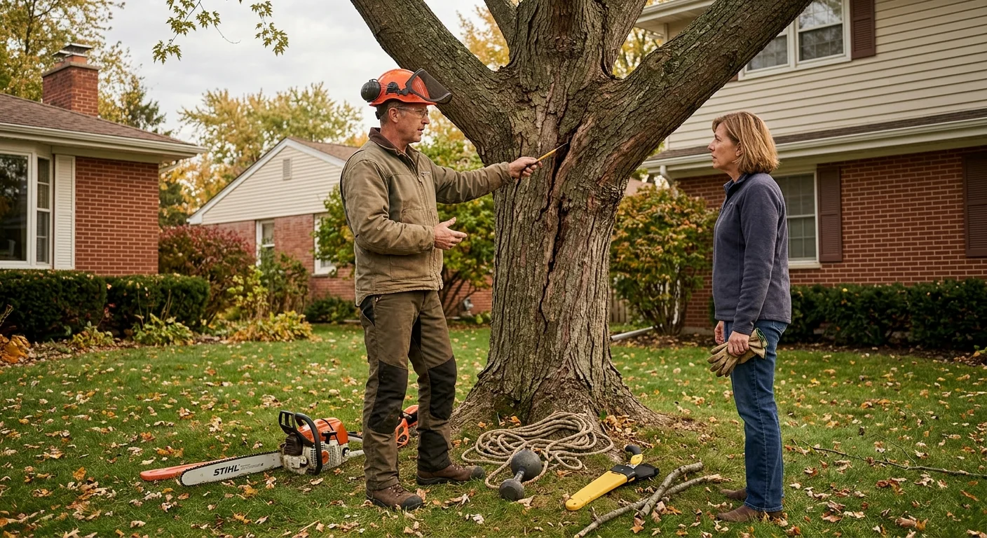 Arborist explaining a pruning plan to a homeowner beside a mature tree