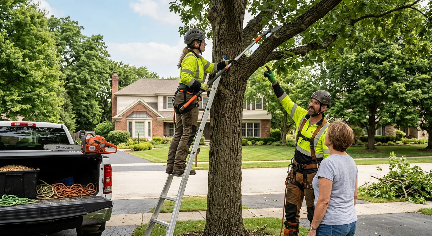 Workers clearing broken limbs after a severe storm in Skokie
