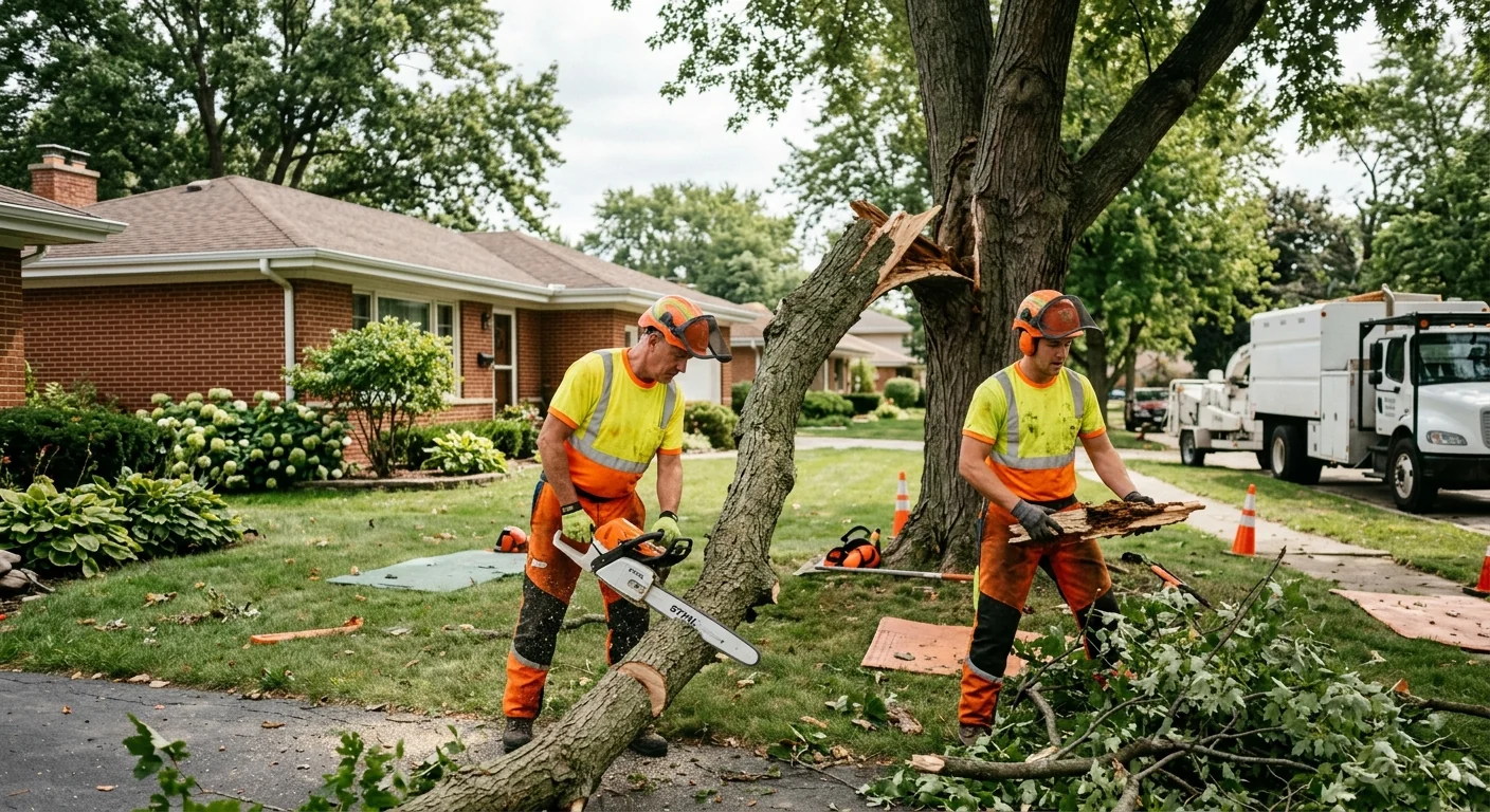 Arborist trimming an overgrown canopy above a residential Skokie property