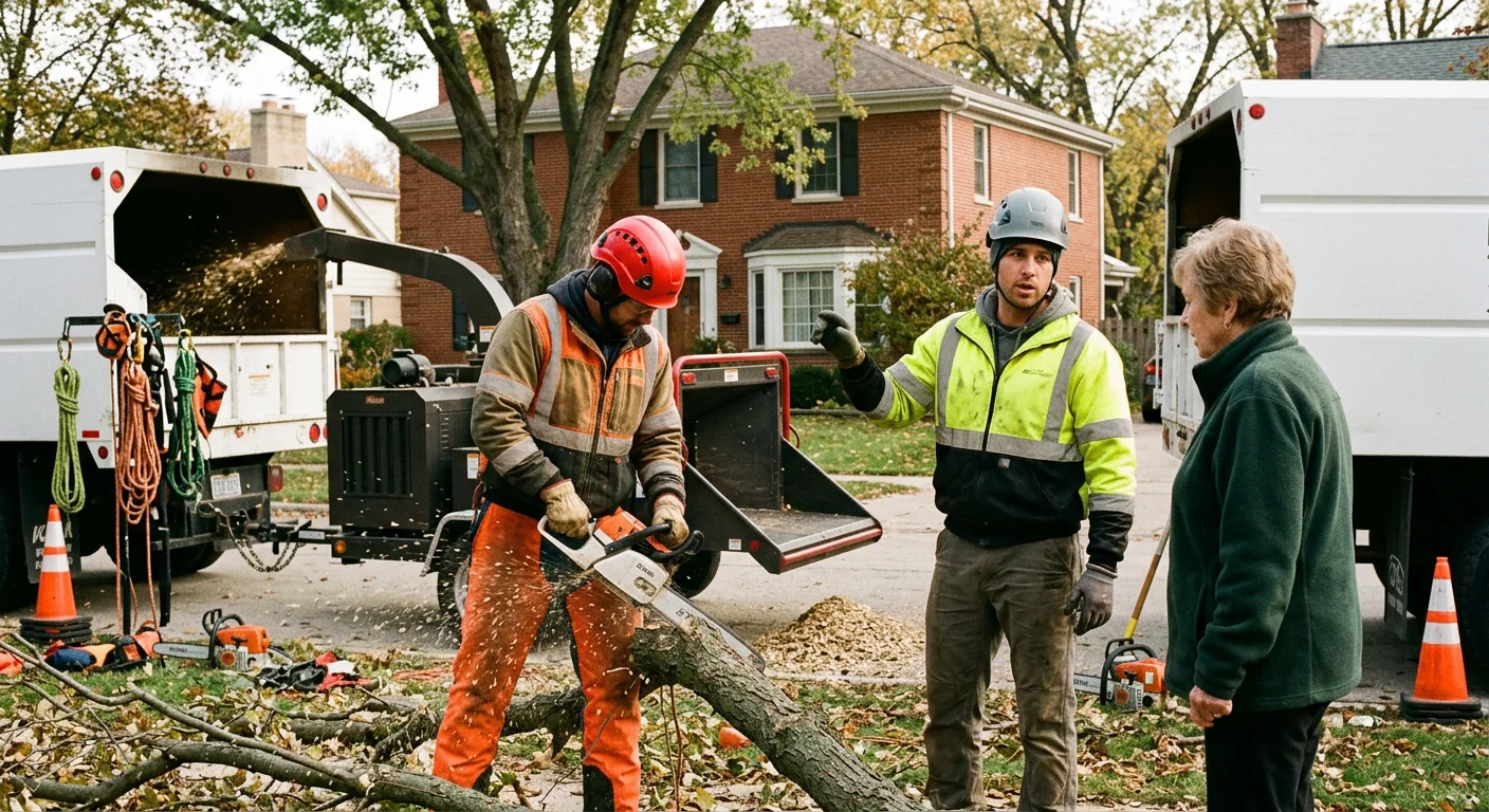 Professional crew safely removing a large tree near a Skokie home