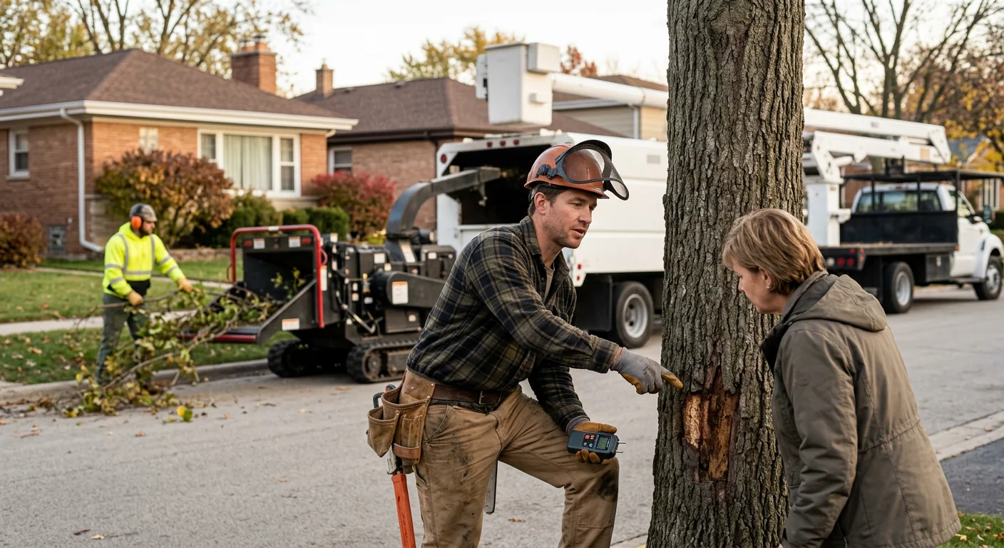 Tree service crew reviewing estimate details with a homeowner beside a mature shade tree