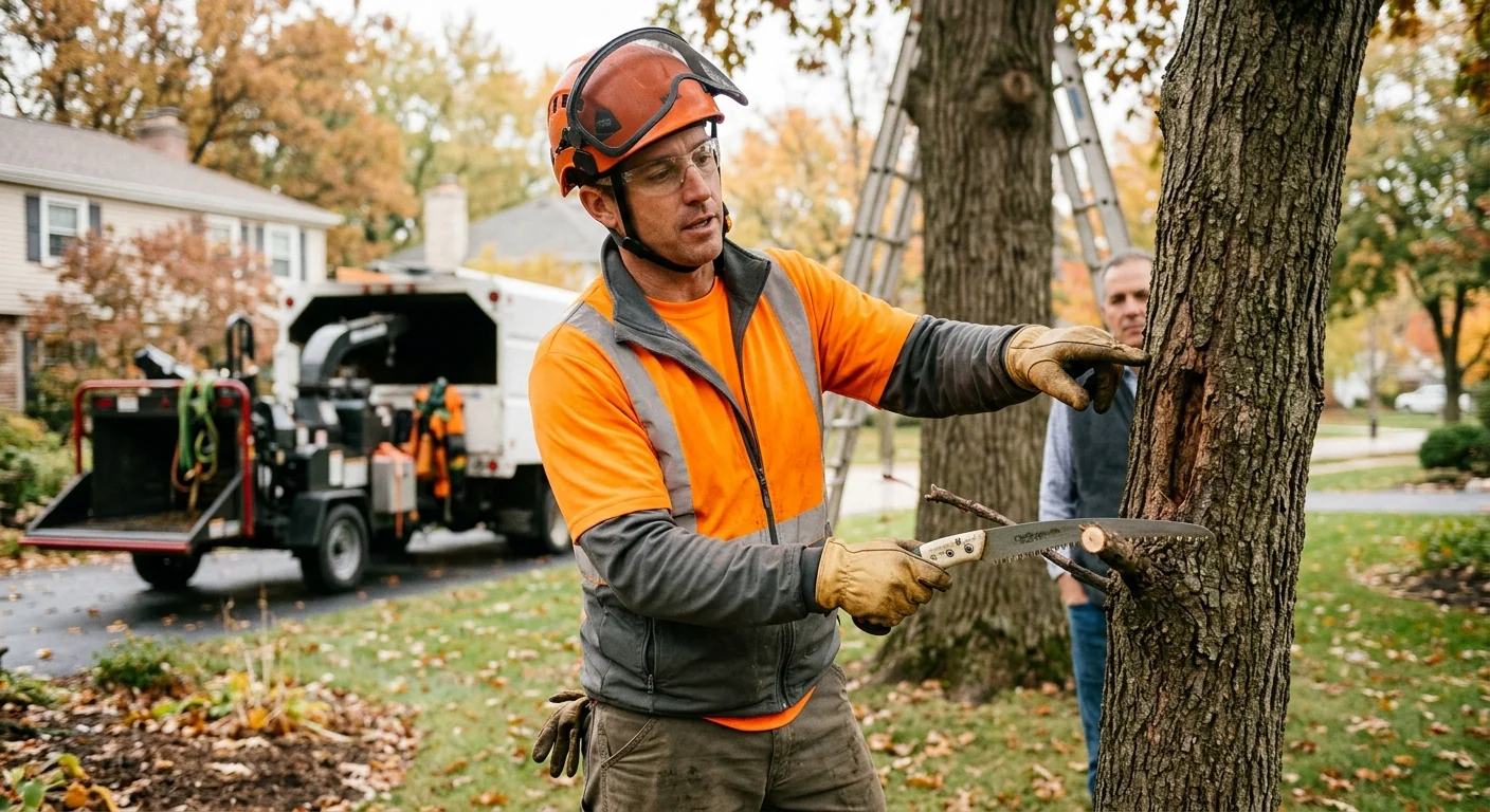 Arborist reviewing a written tree service estimate with a homeowner in Skokie