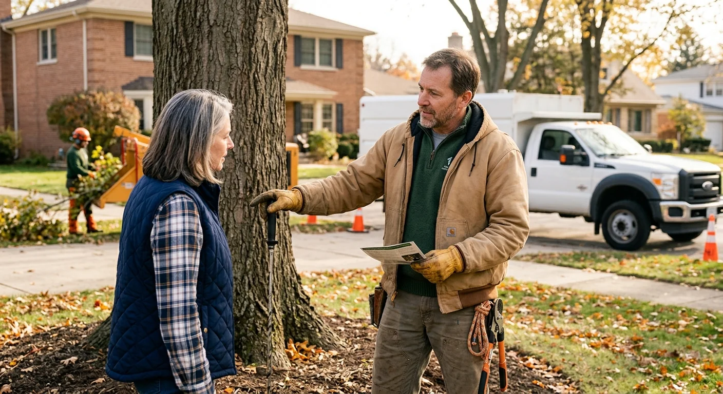 Arborist reviewing a written tree care estimate with a homeowner in Skokie
