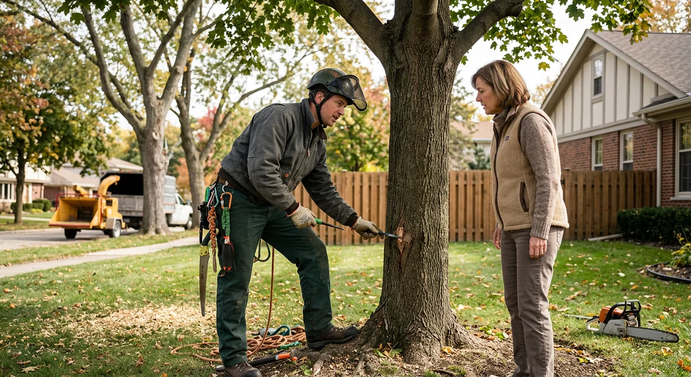 Tree service truck parked on a tree-lined residential street in Skokie
