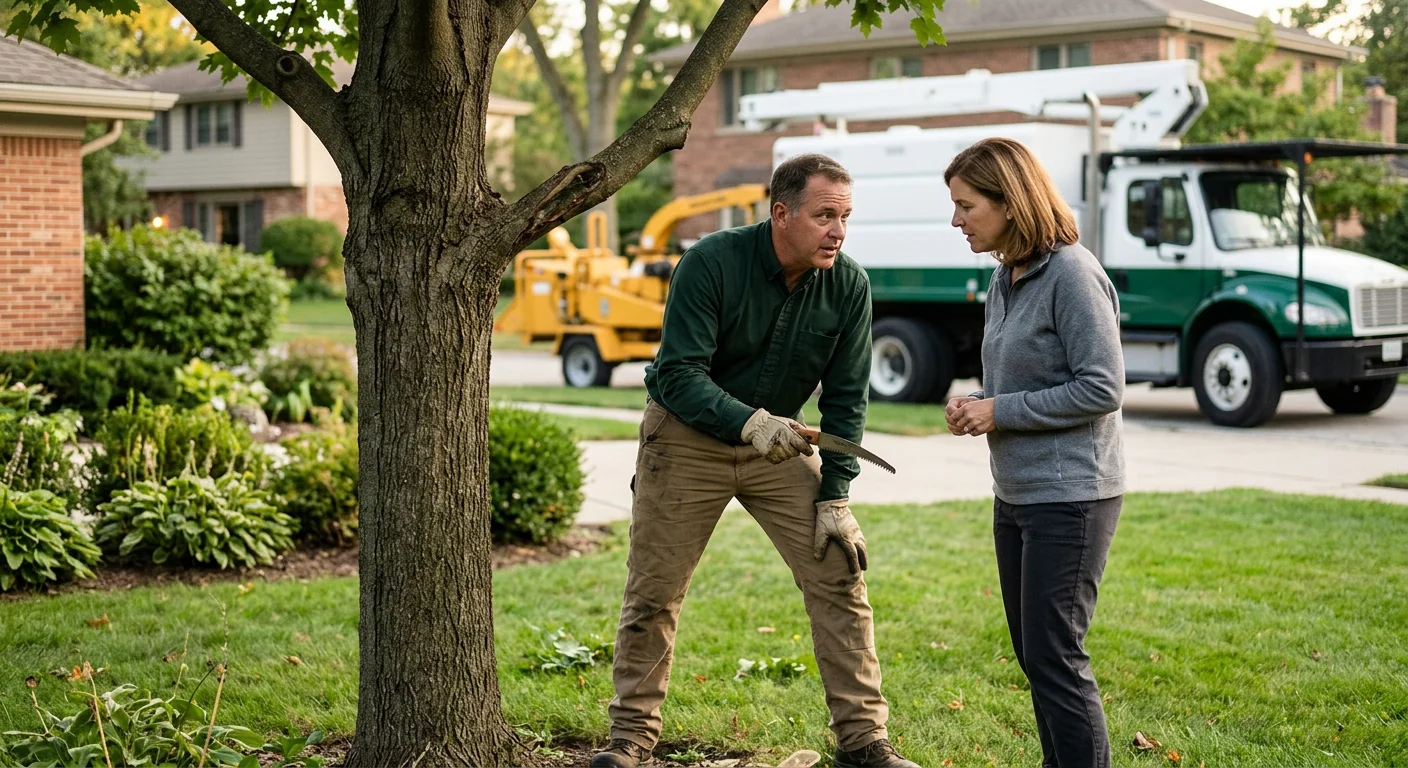Arborist inspecting a mature canopy for deadwood on a Skokie residential property