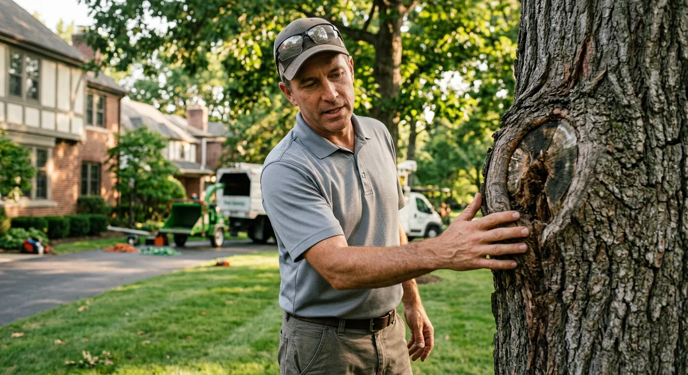 Crew performing careful crown reduction pruning on a tree-lined Skokie street