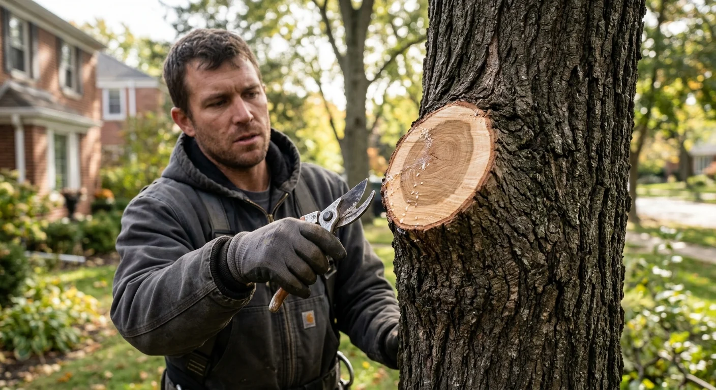 Close-up of a clean pruning cut sealing near a branch collar