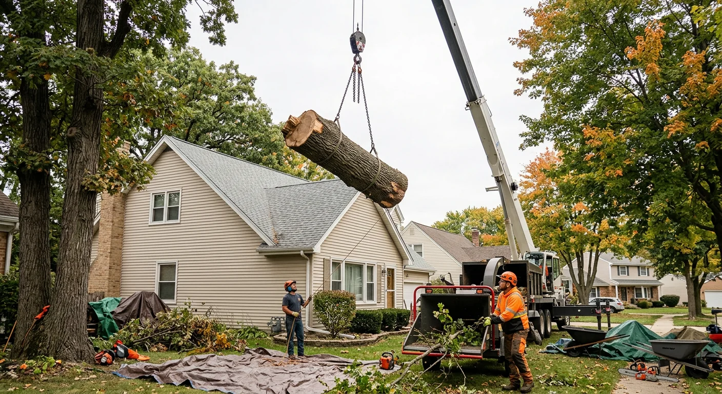 Crane lifting a heavy trunk section over a residential rooftop