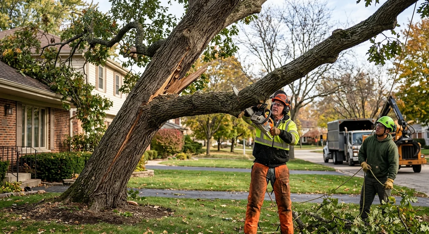 Leaning storm-damaged tree threatening a suburban home before removal
